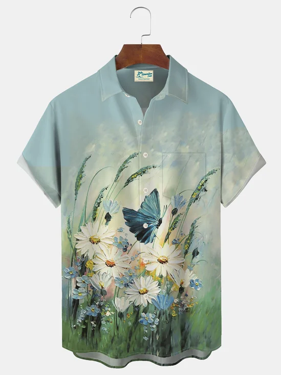 Royaura Hawaiian Floral Ombre Print Men's Button Pocket Shirt