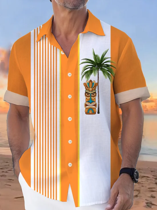Royaura®  Hawaiian Tiki Coconut Tree Print Men's Button Pocket Short Sleeve Shirt