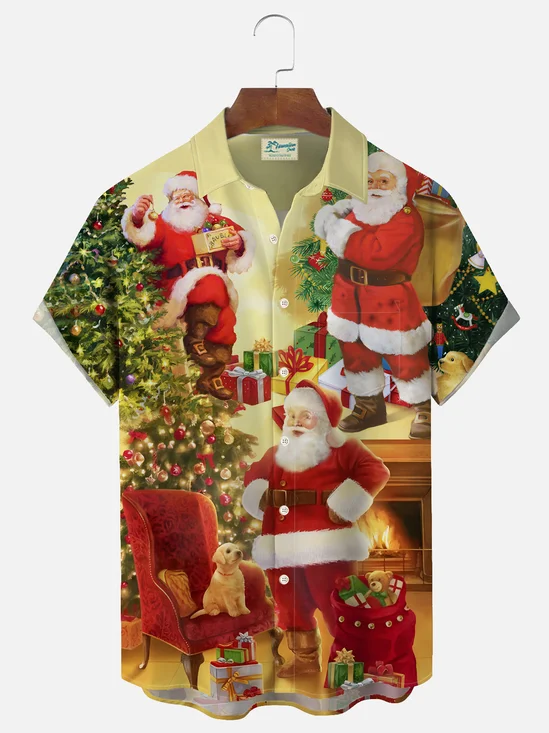 Royaura Christmas Santa Print Men's Button Pocket Short Sleeve Shirt