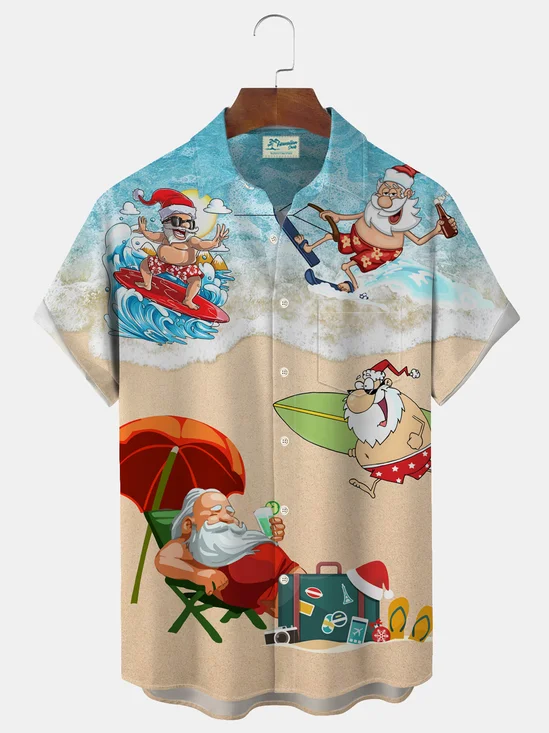 Royaura Christmas Santa Surf Print Men's Button Pocket Short Sleeve Shirt