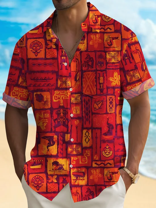 Royaura® Vintage Tiki Sculptor Men's Hawaiian Shirt Posinisian Geometric Stretch Quick Dry Pocket Camp Shirt Big Tall