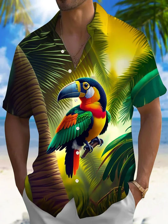 Royaura® Hawaiian Parrot Plant Gradient 3D Print Men's Button Pocket Short Sleeve Shirt