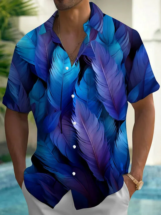 Royaura® Vintage Gradient Feather Print Men's Hawaiian Shirt Breathable and Comfortable Pocket Camping Shirt