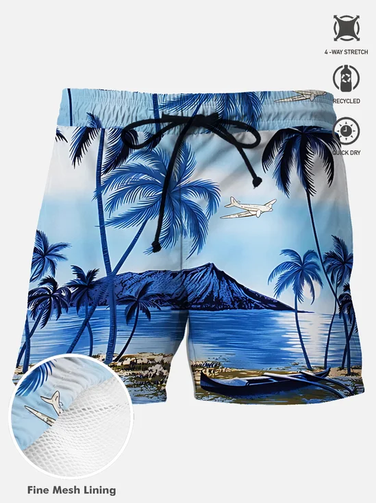 Royaura® Beach Vacation Coconut Tree Men's Hawaiian Beach Shorts Stretch Quick Dry Swimming Trunks Big Tall