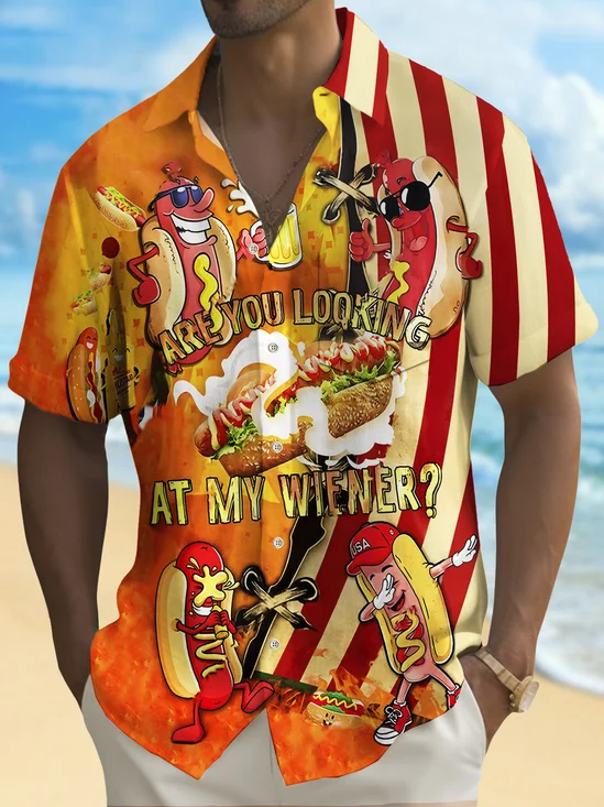 Royaura® Holiday Men's Independence Day Flag Hot Dog Print Casual Breathable Short Sleeve Shirt Big Tall