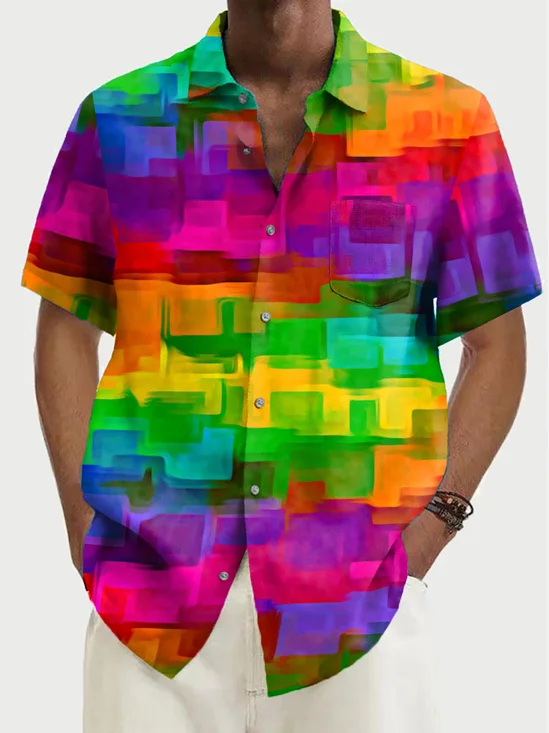 Royaura® Abstract Rainbow Geometric Men's Hawaiian Shirt Stretch Quick-Dry Camping Pocket Shirt Big Tall
