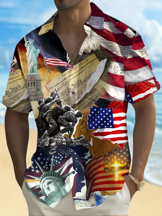 Royaura® Holiday Men's Independence Day Flag Statue of Liberty Print Casual Breathable Short Sleeve Shirt Big Tall