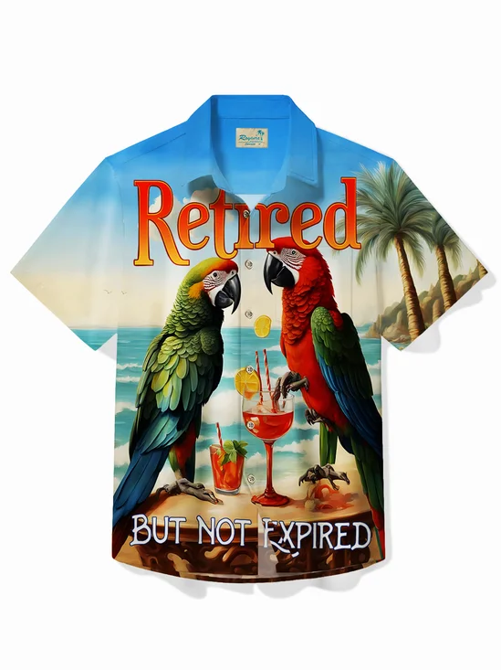 Royaura® Beach Men's Hawaiian Shirt Parrot Tropical Art Quick Dry "Retired But Not Expired" Pocket Camp Shirt Big Tall