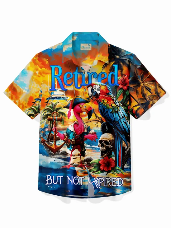 Royaura® Beach Men's Hawaiian Shirt Parrot Tropical Art Quick Dry "Retired But Not Expired" Pocket Camp Shirt Big Tall