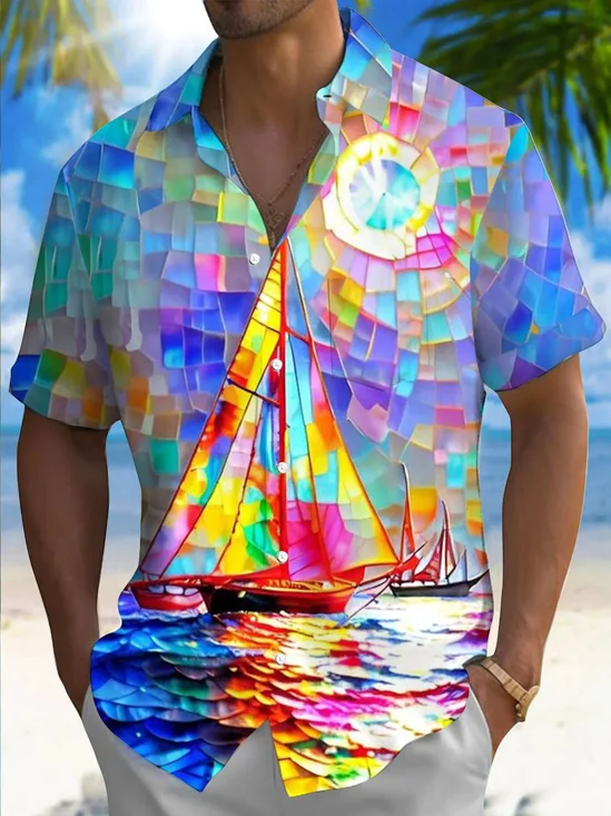 Royaura® Beach Vacation Men's Hawaiian Shirt Geometric Boat Print Pocket Camping Shirt Big Tall