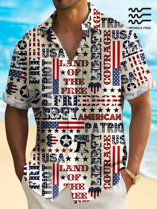 Royaura® Independence Day American Flag Men's Hawaiian Shirt Wrinkle Free Seersucker Quick Dry Stretch Camp Pocket Shirt Big Tall