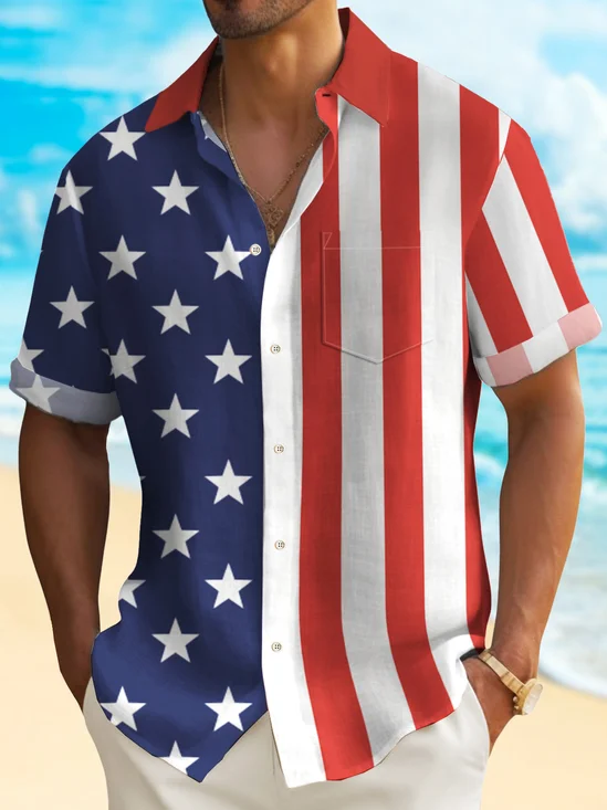 Royaura® Independence Day American Flag Men's Hawaiian Shirt Quick Dry Stretch Camp Pocket Shirt Big Tall