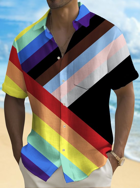 Royaura® Holiday Men's Pride Month Rainbow Stripe Print Casual Breathable Short Sleeve Shirt Big Tall