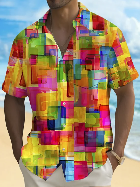 Royaura® Holiday Men's Pride Month Rainbow Color Geometric Print Casual Breathable Short Sleeve Shirt Big Tall