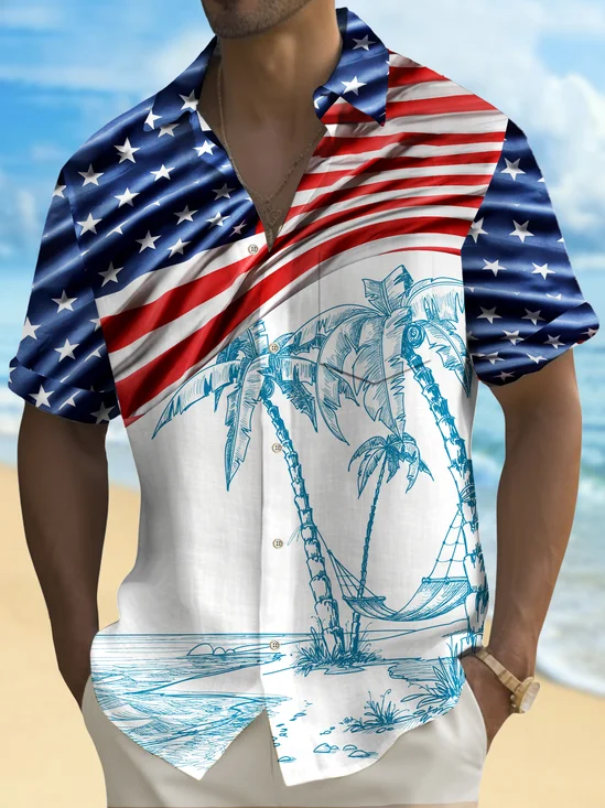 Royaura® Holiday Men's Independence Day Flag Coconut Tree Print Casual Breathable Short Sleeve Shirt Big Tall