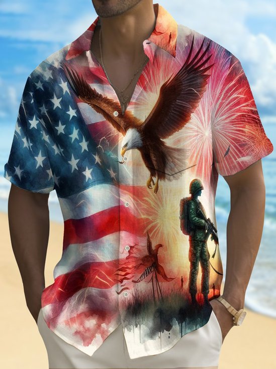 Royaura® Holiday Men's Independence Day Flag Eagle Soldier Print Casual Breathable Short Sleeve Shirt Big Tall