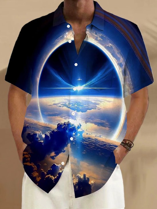 Royaura® Retro Space Landscape 3D Print Men's Button Pocket Short Sleeve Shirt