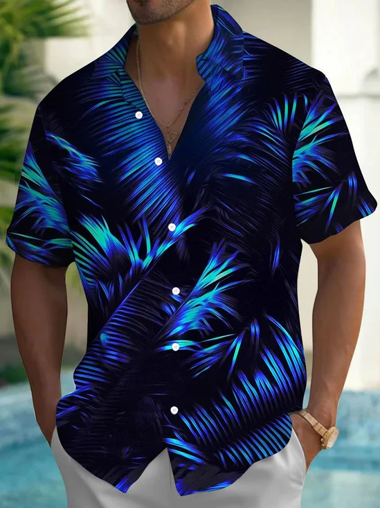 Royaura® Hawaiian Blue Floral Plant Leaves 3D Print Men's Button Pocket Short Sleeve Shirt