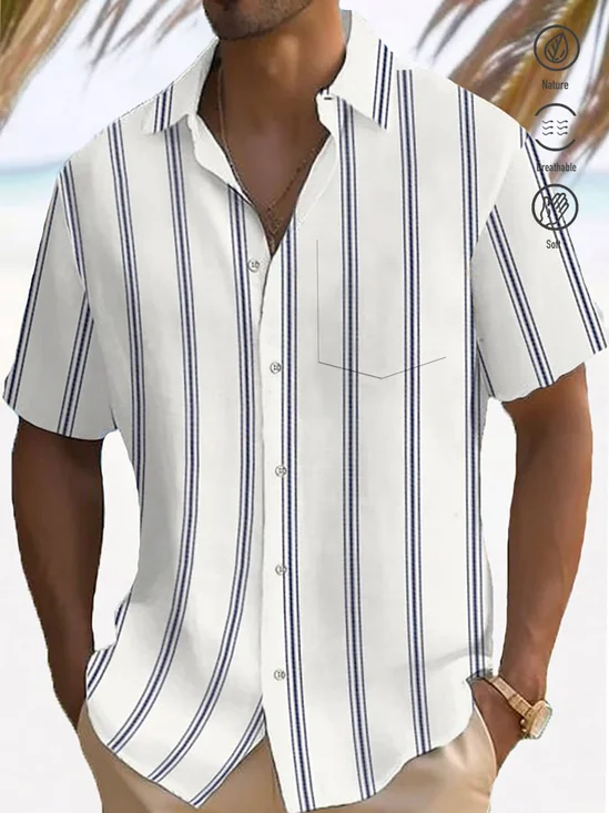 Royaura® Basic Off-white Shirt Breathable Comfortable Camp Pocket Striped Shirt Big Tall