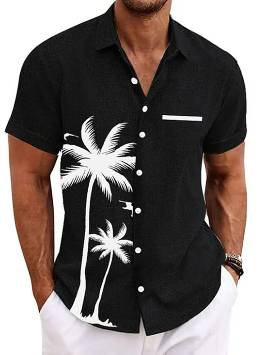 Royaura® Hawaiian Coconut Tree 3D Print Men's Button Pocket Short Sleeve Shirt