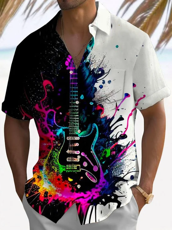 Royaura® Music Art Oil Painting Men's Hawaiian Shirt Guitar Band Stretch Camp Pocket Shirt Big Tall