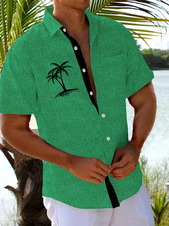 Royaura® Vintage Abstract Textured Coconut Tree Print Chest Pocket Shirt Plus Size Men's Shirt Big Tall