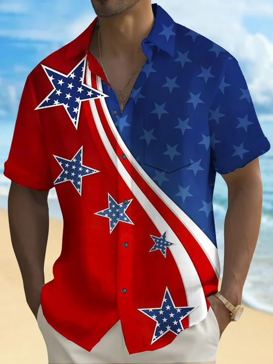 Royaura® Holiday Men's Independence Day Flag Printed Casual Breathable Short Sleeve Shirt Big Tall
