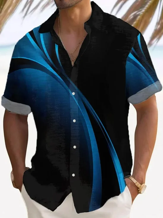 Royaura®  50's Vintage Art Textured Blue Men's Hawaiian Shirt Camp Pocket Stretch Aurora Gradient Shirt Big Tall
