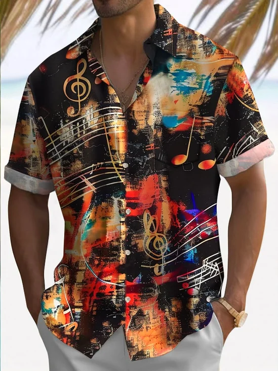 Royaura® Music Note Art Oil Paint Men's Hawaiian Shirt Band Stretch Camping Pocket Ombre Shirt Big Tall
