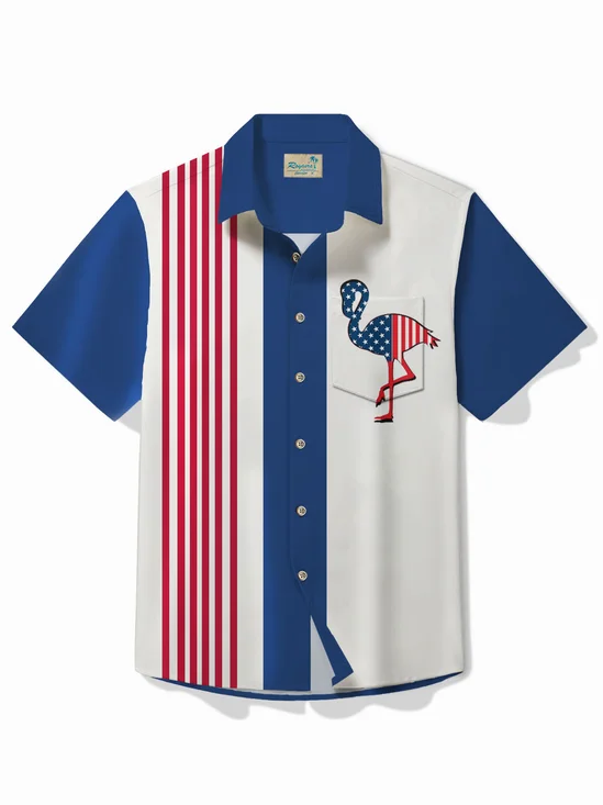 Royaura® Vintage Bowling Independence Day Flag Striped Flamingo 3D Print Men's Button Pocket Short Sleeve Shirt
