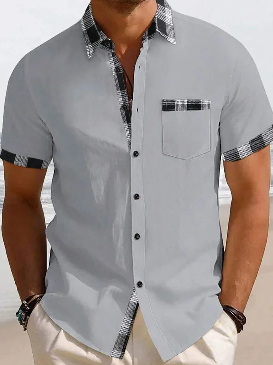 Royaura® Retro Plaid Contrast Color 3D Print Men's Button Pocket Short Sleeve Shirt
