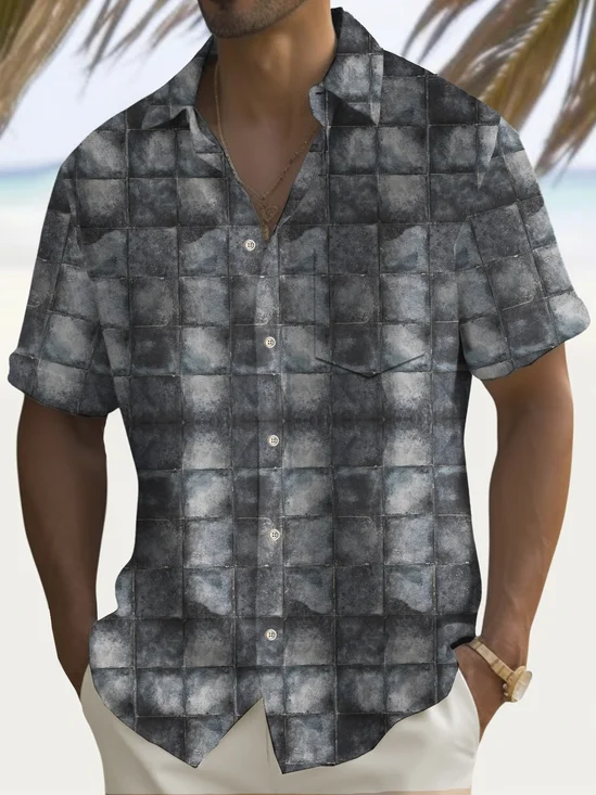 Royaura® Vintage Geometric Texture Print Chest Pocket Shirt Plus Size Men's Shirt Big Tall