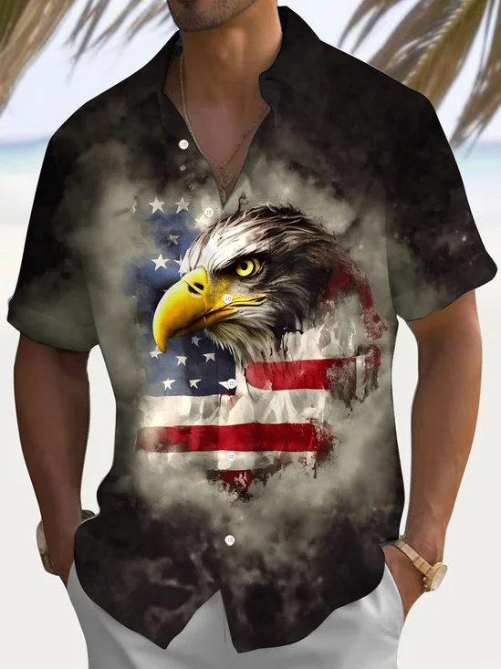 Royaura® Retro Flag Independence Day Eagle Gradient 3D Print Men's Button Pocket Short Sleeve Shirt