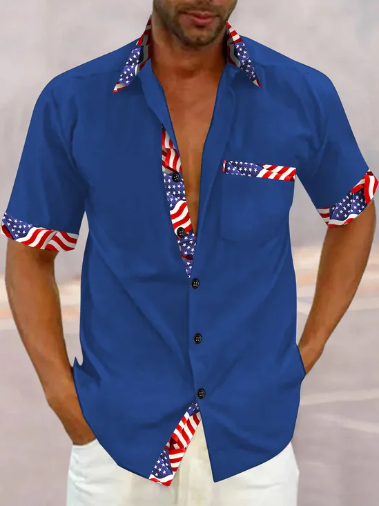 Royaura® Basic Men's Hawaiian Shirt Flag Print Stretch Pocket Camping Shirt Big Tall