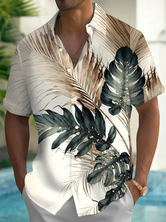 Royaura® Hawaiian Tropical Plant 3D Print Men's Button Pocket Short Sleeve Shirt