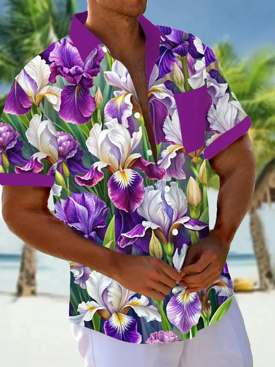 Royaura® Beach Vacation Men's Hawaiian Shirt Botanical Flower Print Pocket Camping Shirt Big Tall