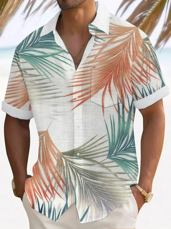 Royaura® Hawaiian Plant Leaves Tropical Texture 3D Print Men's Button Pocket Short Sleeve Shirt