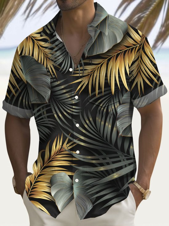 Royaura® Hawaiian Tropical Gold Floral 3D Print Men's Button Pocket Short Sleeve Shirt