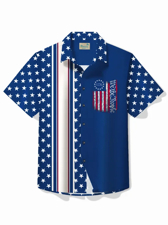 Royaura® Vintage Bowling Flag Print Independence Day Patriotic Chest Pocket Men's Shirt Big Tall