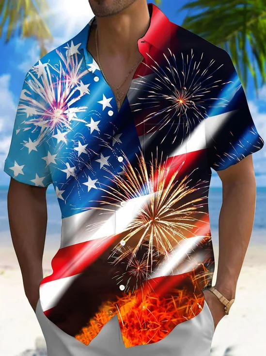Royaura® Retro Flag Independence Day Gradient Fireworks 3D Print Men's Button Pocket Short Sleeve Shirt