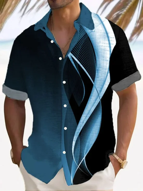 Royaura® Retro Gradient Geometric 3D Print Men's Button Pocket Short Sleeve Shirt