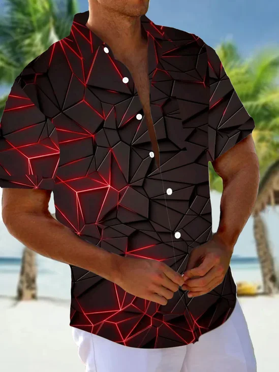 Royaura® Retro Tech Abstract Geometric 3D Print Men's Button Pocket Short Sleeve Shirt