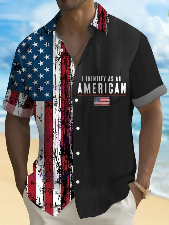 Royaura® Vintage Independence Day Flag Bowling 3D Print Men's Button Pocket Short Sleeve Shirt