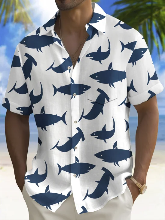 Royaura® Beach Vacation Men's Hawaiian Shirt Shark Print Pocket Camping Shirt Big Tall