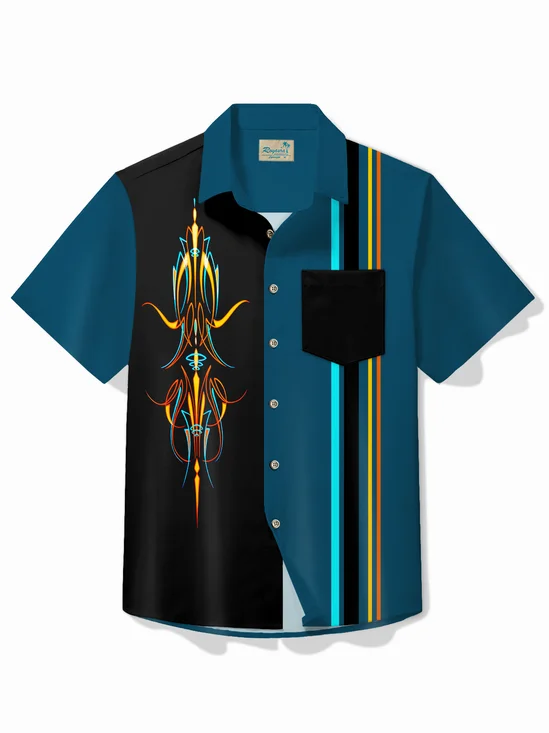 Royaura® Vintage Bowling Pinstripe Print Chest Pocket Shirt Plus Size Men's Shirt Big Tall