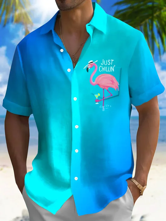 Royaura® Hawaiian Flamingo Gradient 3D Print Men's Button Pocket Hawaiian Short Sleeve Shirt Big & Tall