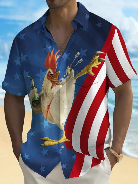 Royaura® Holiday Men's Independence Day Flag Kung Fu Chicken Print Casual Breathable Short Sleeve Patriotic Shirt Big Tall