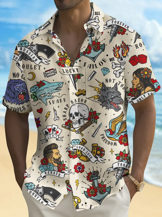 Royaura® Beach Vacation Men's Hawaiian Shirt Tattoo Print Pocket Camping Shirt Big Tall