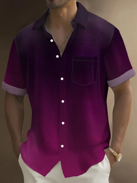 Royaura® Retro Gradient Noble Purple 3D Print Men's Button Pocket Short Sleeve Shirt