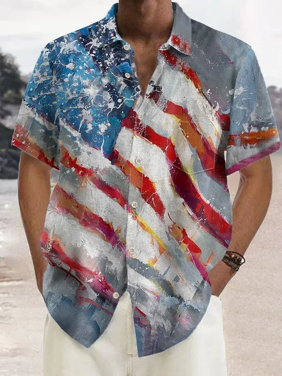 Royaura® Retro Flag Independence Day 3D Print Men's Button Pocket Short Sleeve Shirt Big & Tall